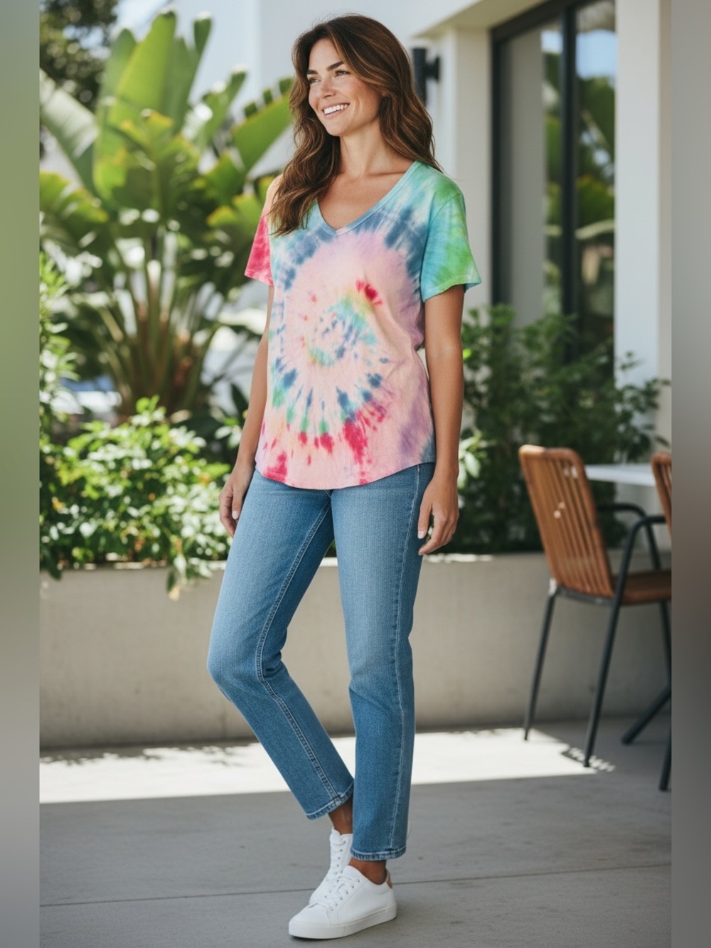Old Navy Tie-Dye Short Sleeve V-Neck Tee in Pink, Green, Blue